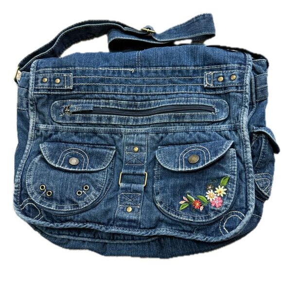 Vintage Y2K Denim Messenger Bag Embroidered Flowers Utility Pockets Boho - Picture 2 of 5